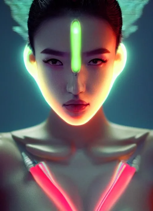 Image similar to a beautiful oriental female humanoid with freckled cheeks, cyber neon lighting, futurism, intricate futuristic jewelry accessories, cyberpunk glossy white latex swimsuit, profile posing, hyper photorealistic, crispy quality, digital photography, trending in artstation, trending in pinterest, cinematic, 4 k ultra hd, art by pascal blanche, art by greg rutkowski,