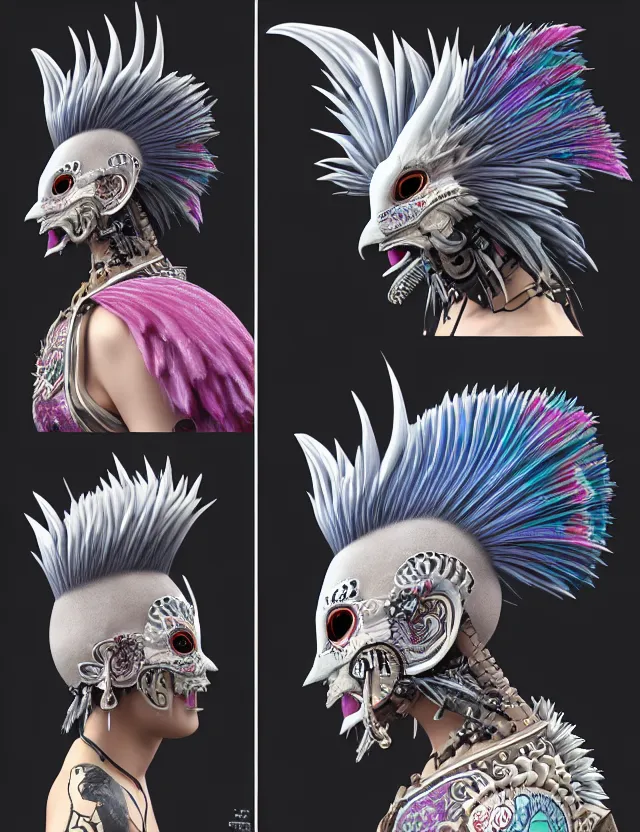 Image similar to 3 d goddess close - up profile portrait punk with mohawk with ram skull. beautiful intricately detailed japanese crow kitsune mask and clasical japanese kimono. betta fish, jellyfish phoenix, bio luminescent, plasma, ice, water, wind, creature, artwork by tooth wu and wlop and beeple and greg rutkowski