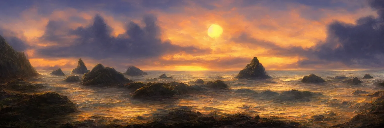 Prompt: idyllic fantasy landscape, sea coast, sunset