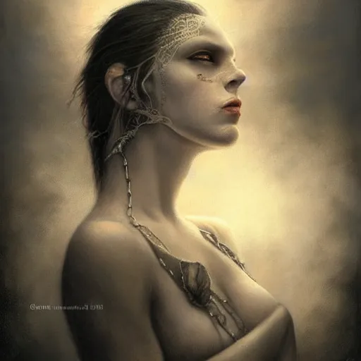 Prompt: By Tom Bagshaw, ultra realist soft painting portrait of curiosities carnival by night, very beautiful single outlaw star fully dressed fading, symmetry accurate features, very intricate details, ominous sky, black and white, volumetric light clouds