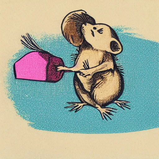 Image similar to a risograph of a rat trying to lift a rock