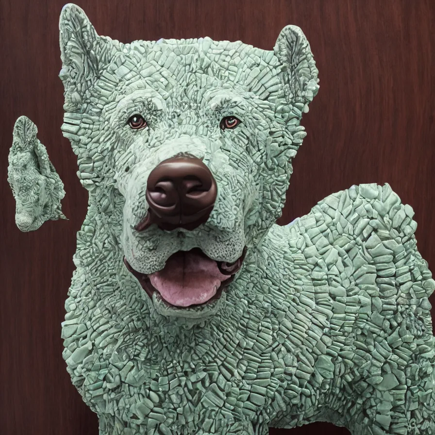 Prompt: beautiful gallery show studio photograph of a giant realistic ceramic sculpture of a german shepherd dog, 3 d fractal structure, celadon glaze, placed on a polished wooden table, colorful hyperrealism 8 k trending on artstation