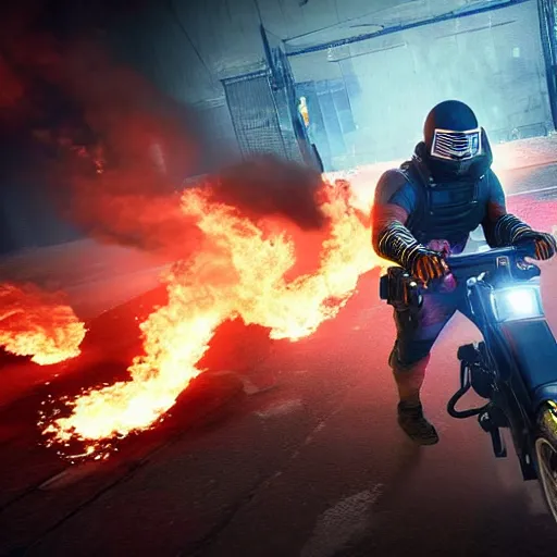 Image similar to Montagne from Rainbow Six Siege riding a bike leaving behind a trail of flames and explosions