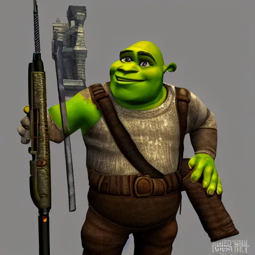 Prompt: shrek in the style of counter strike on de _ dust 2 holding a rifle