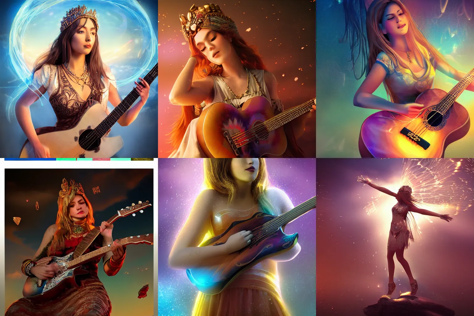 Prompt: a beautiful female goddess of the guitars character, character is in all its glory, character is in her natural relaxed pose, rim lights, particles and dust in the air, fancy clouds, highly detailed professional photo, dynamic lights, particles are flying, depth of field, trending on artstation, professional illustration, hyper realistic, vray caustics, super detailed, colorful accents, cinematic shot