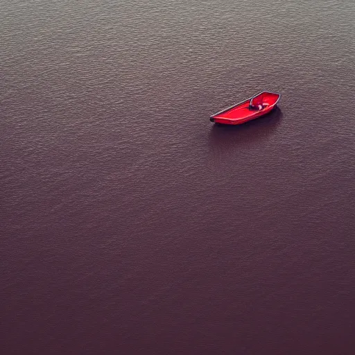 Prompt: a lonely boat floating in the turbulent red ocean, tsunami, fierce huge waves, dangerous depressing atmosphere, dark tone, illustration, aerial view, evil, artstation, octane render