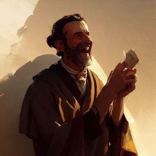 Image similar to a happy merchant jew, by greg rutkowski, artstation, by artgerm, by wlop