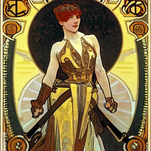 Prompt: woman in golden plate armour, fighting stance, painted by alphonse mucha