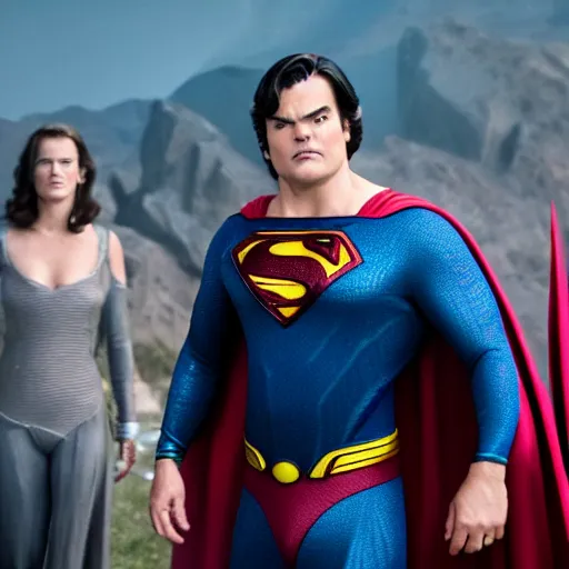 Image similar to jack black starring as superman, movie still, 8 k