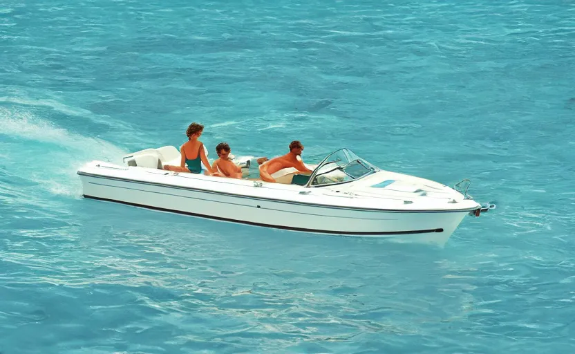 Prompt: photorealistic picture of a sport boat driving in turquoise water. miami. 8 0's style