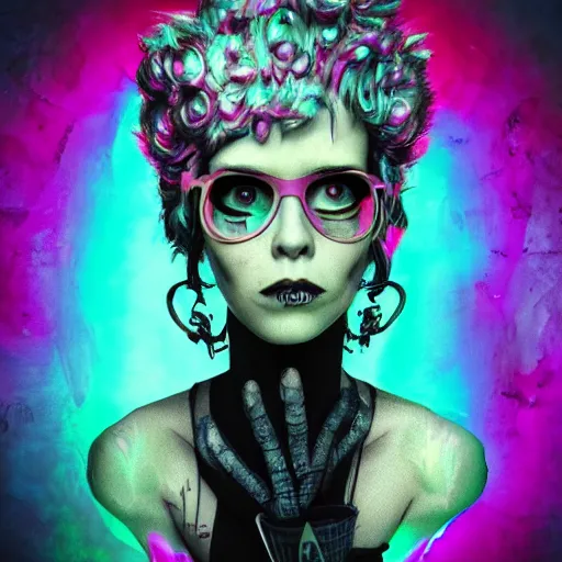 Image similar to punk women portrait made out of paint, short hair, octane render, highly detailed, realistic, tim burton and bob ross comic book art, matte painting, holographic, trending on artstation, cinematic, splashes of neon, sacred geometry in the background