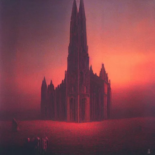 Image similar to an ominous gigantic cathedral, made by Beksinski, red sky above it, 8k,