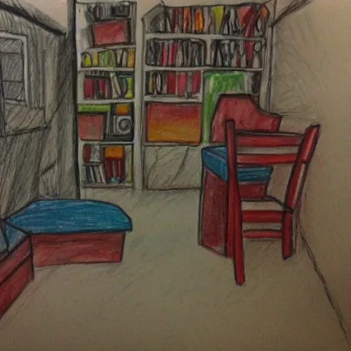 Prompt: The backrooms drawn by a child, children drawing with pencils