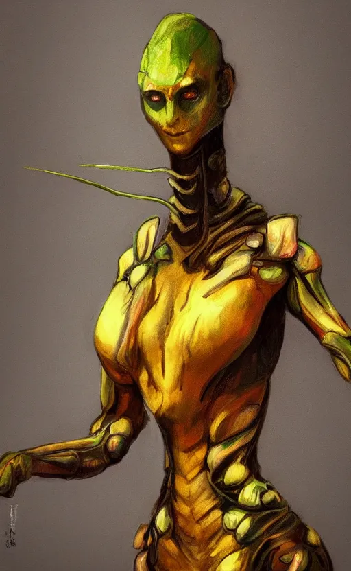 Prompt: Female in mantis suit. By Rembrandt and artstation trending