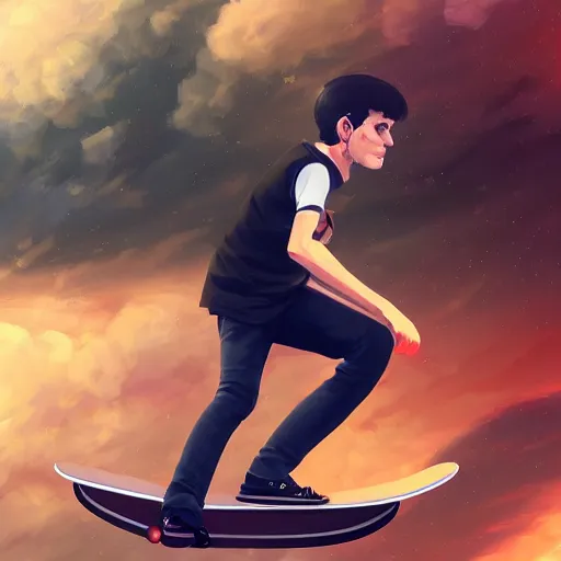 Prompt: Manuel Valls riding a skateboard, digital painting, 4k, anime key visual, artstation, kuvshinov ilya, fisheye lens