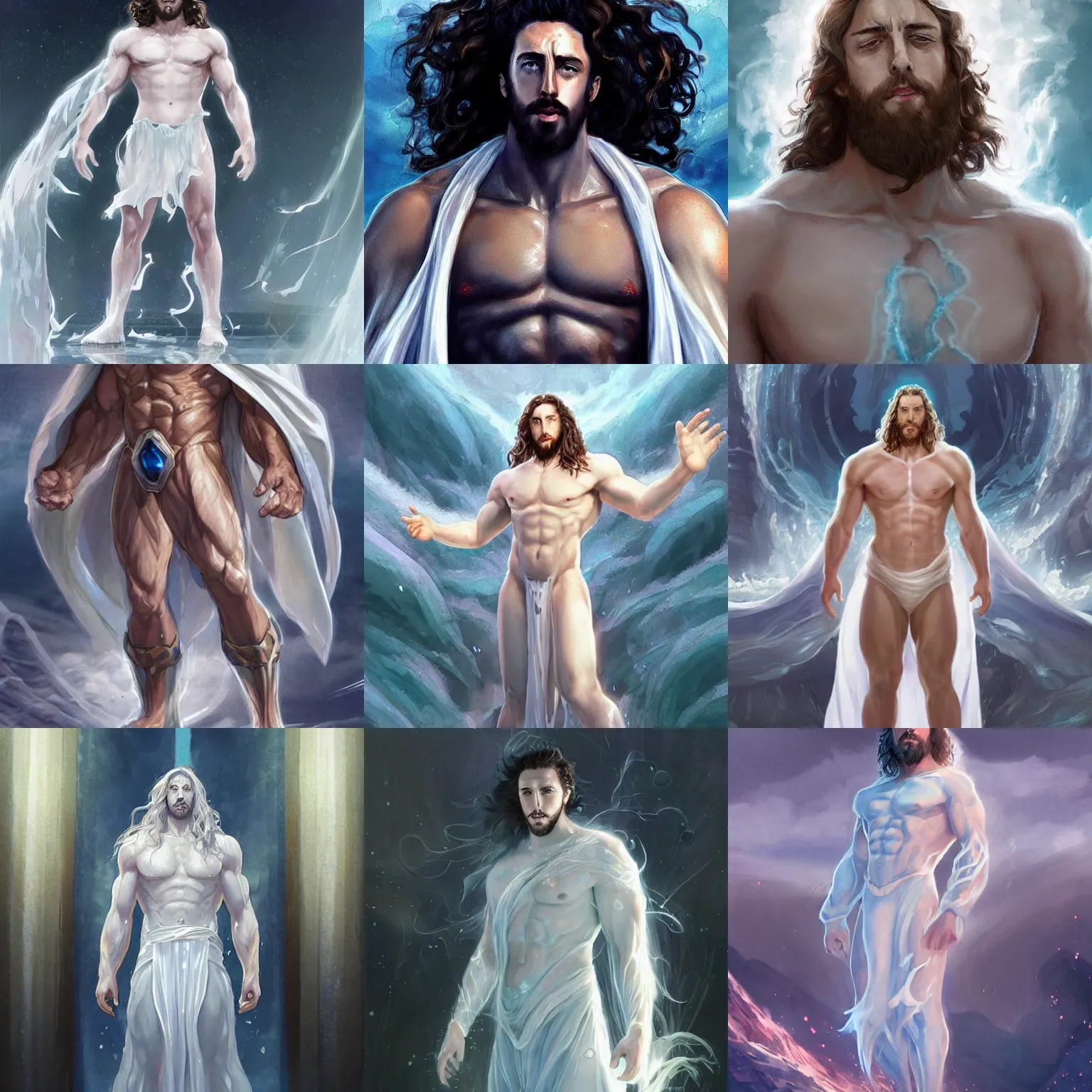 Prompt: distant full body view, aaron taylor johnson as a water titan in white robes, long hair, dressed!!!!!!!!!!!!!!! digital painting, concept art, smooth, sharp focus, illustration by artgerm, yoshitaka amano, krenz cushart, shinji aramaki