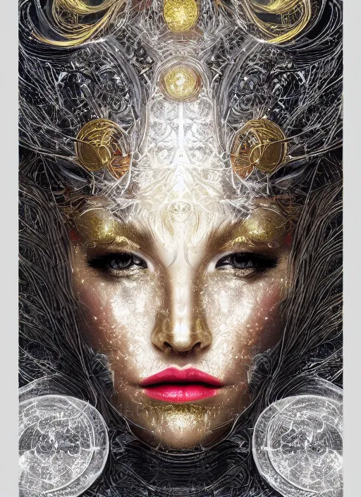 Image similar to glowing silver and golden elements, full close-up portrait, vector dark witch from unsplash, book cover, green forest, white moon, red lips, establishing shot, extremly high detail, photo-realistic, cinematic lighting, pen and ink, intricate line drawings, by Yoshitaka Amano, Ruan Jia, Kentaro Miura, Artgerm, post processed, concept art, artstation, matte painting, style by eddie mendoza, raphael lacoste, alex ross