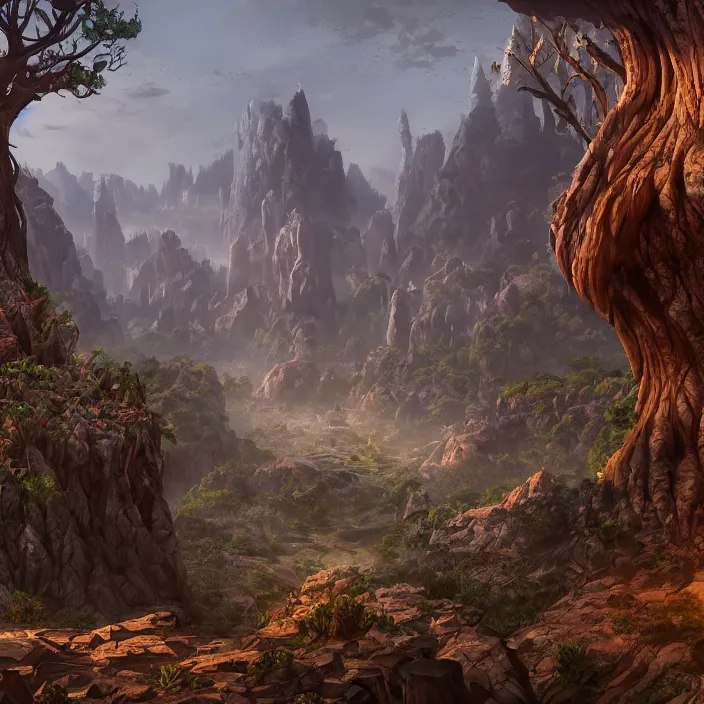 Image similar to a fantasy realm split down the middle with a forest on one side and a desert on the other, fantasy concept art, rendered in unreal engine, highly detailed, cinematic lighting, intricate, fantastical, video game cinematic, trending on artstation