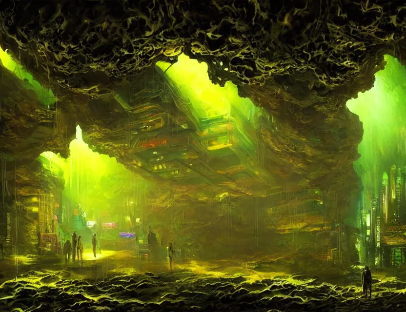 Prompt: cyberpunk nightclub in a mossy dripstone cave. oil painting by award - winning concept artist. backlighting, chiaroscuro, field of depth.