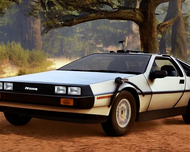 Image similar to new concept for a delorean, cinematic, photoreal, by red dead redemption 2