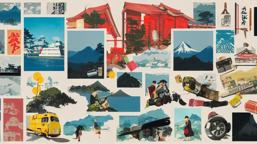 Image similar to an arrangement of adventure traveller props, japan, a collage painting, in the style of wes anderson, lola dupre, david hockney, isolated on negative white space background dark monochrome neon spraypaint accents volumetric octane render