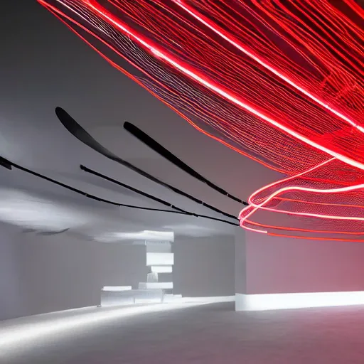 Prompt: zaha hadid design wrapped around by glowing tubes and cables, short black curly hair, glowing red