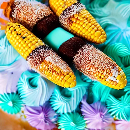 Prompt: corn dogs, mermaid themed birthday cake, food photography,