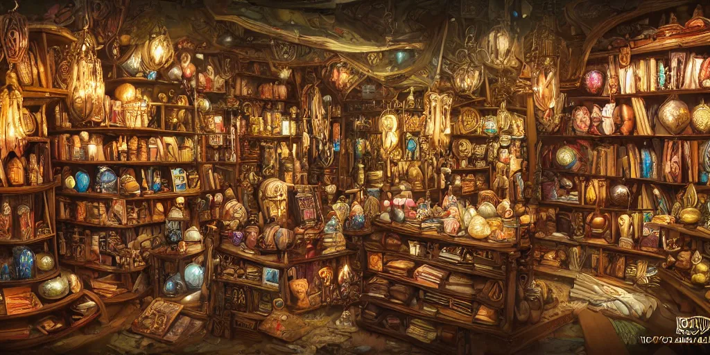 Prompt: inside an old magical shop, magic items on shelves, books, beautiful labels, fantasy vendor interior, wide angle, highly detailed, rich bright colors, trending on artstation