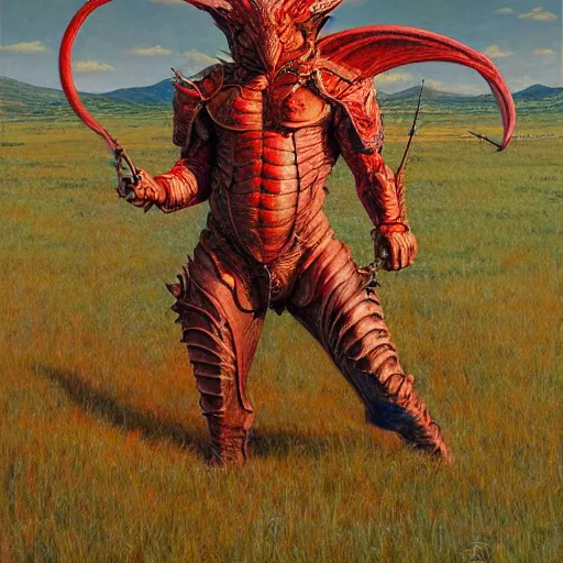 Image similar to The red dragon standing in an open field, art by Donato Giancola and James Gurney, digital art, trending on artstation