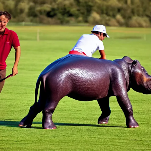 Image similar to polo played with humans and hippopotamuses. sports photograph.