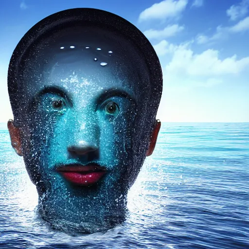 Image similar to surreal 3 d art of a human head stuffed in a bottle, on the ocean water, futuristic, glowing, hyper realistic, ray tracing, realistic water splashes, sharp focus, long shot, 8 k resolution, cinematic, photoshop art