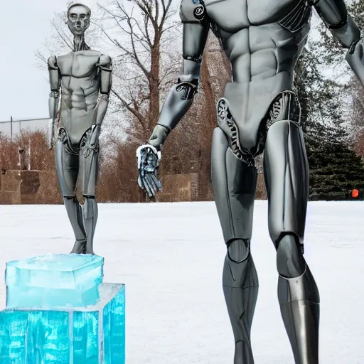 Image similar to made of ice, a realistic detailed photo of a guy who is an attractive humanoid who is half robot and half humanoid, who is a male android, on display, blank stare, showing off his muscles, shiny skin, posing like a statue, by the pool, frozen ice statue, f 1 driver pierre gasly, humanoid robot
