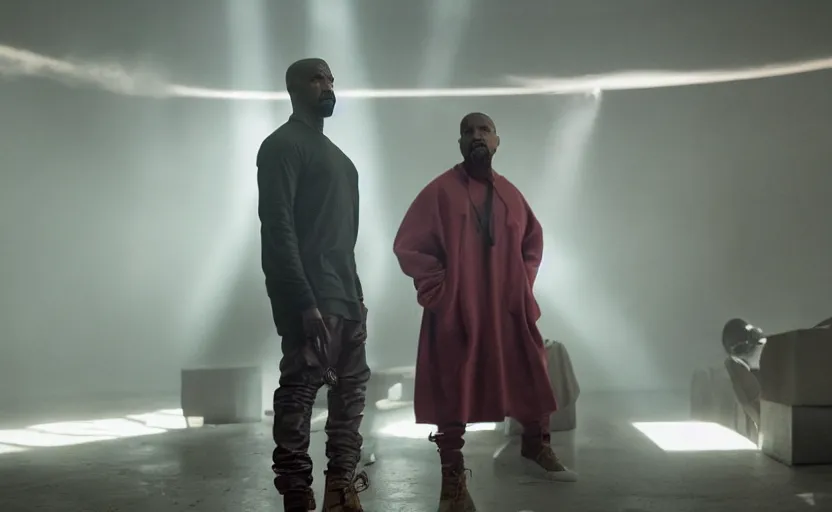 Image similar to Jamie Foxx as Kanye West in 'Jeen-Yuhs' (2022), movie still frame, oscar nominated cinematography, volumetric lighting, 8k resolution, beautiful composition