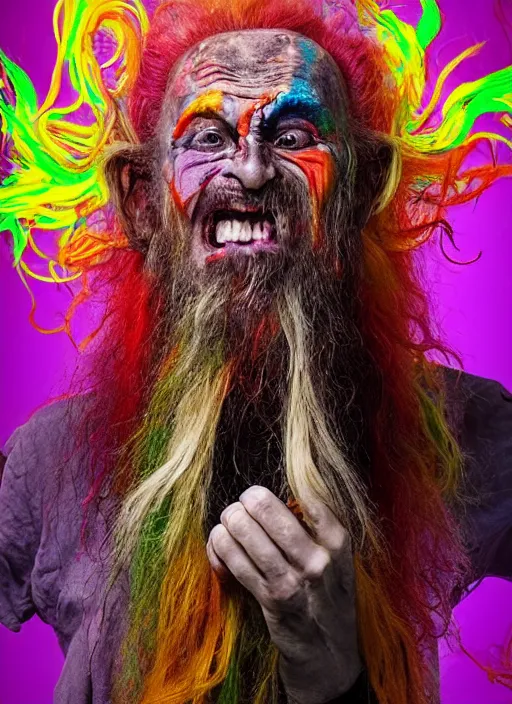 Image similar to a crazy man with long multi colored hair and a pointy beard smiling and making strange gestures as his face melts and inside his face are various psychedelic rebel monsters, psychedelic surreal cosmic bizarre horror