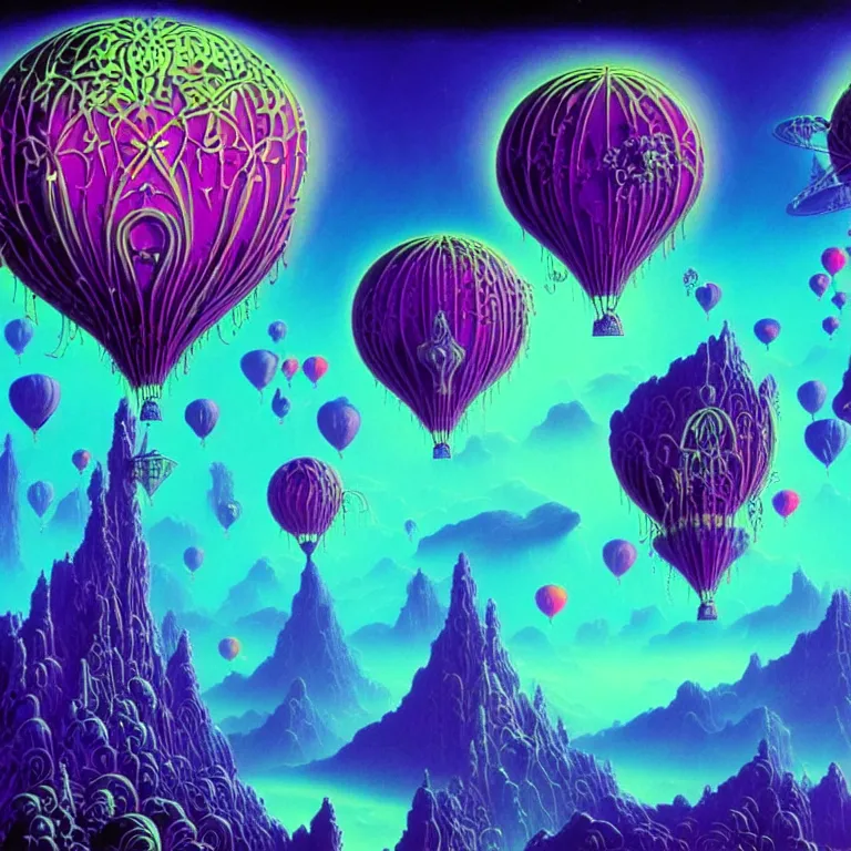 Image similar to mysterious balloons over mystical crystal temple, infinite fractal tesseract, quantum waves, synthwave, bright neon colors, highly detailed, cinematic, eyvind earle, tim white, philippe druillet, roger dean, ernst haeckel, lisa frank, aubrey beardsley, kubrick