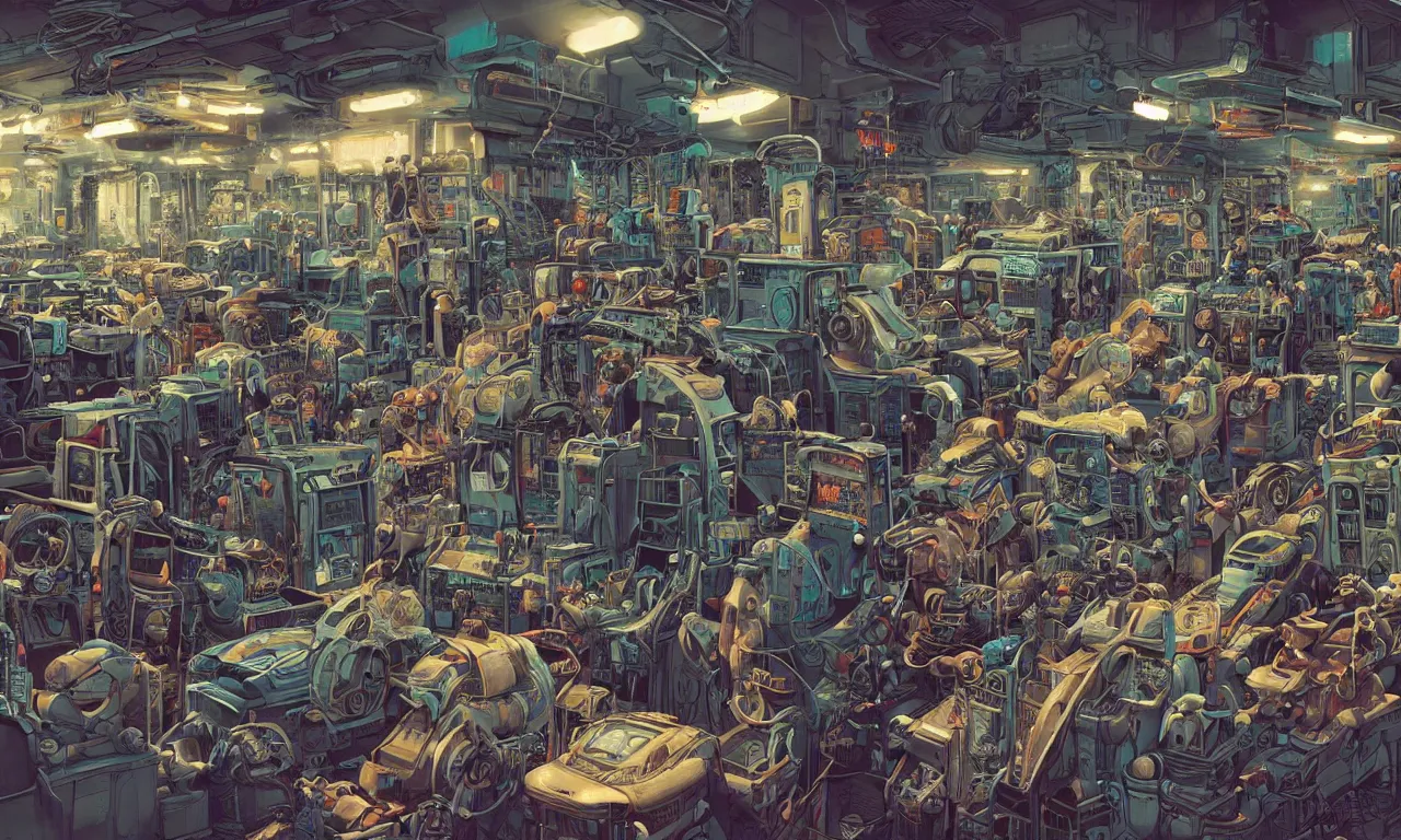 Prompt: an extremely cluttered machine repair shop in 2067, art by Josan Gonzales and Dan Hillier, extremely detailed, fine detail, 8K