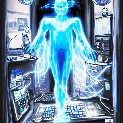 Prompt: blue electric ghost coming out of a computer screen inside an office, fantasy illustration, magazine image, story cover