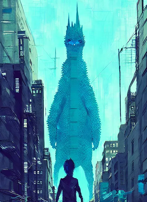 Prompt: kaiju in new york, blue building in the background, art by ismail inceoglu