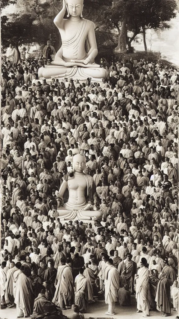 Image similar to a huge buddhism rabbit statuea between crowd of people prayers in botanical room by john singer sargent