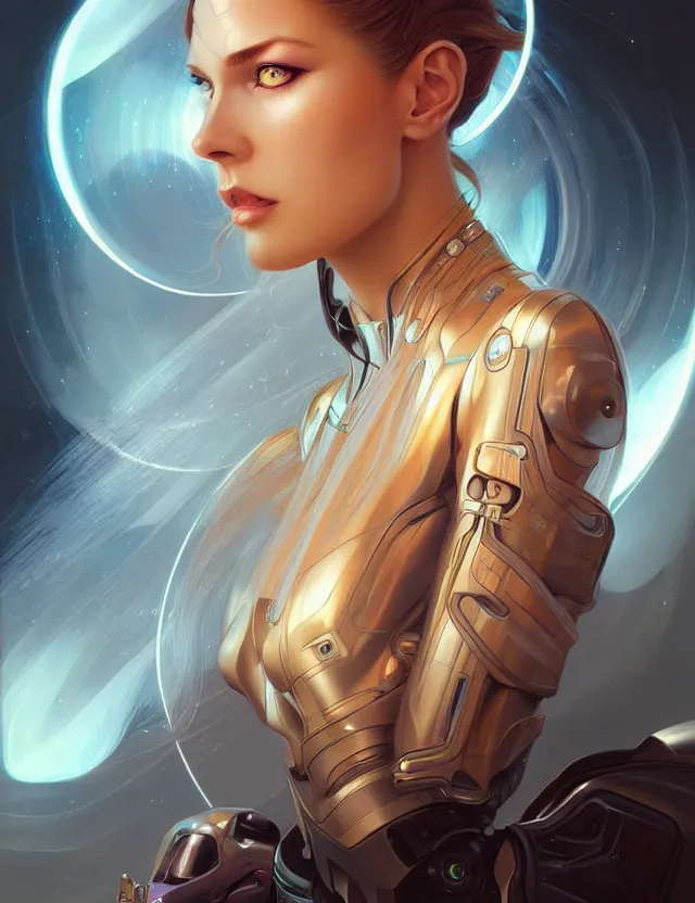 Image similar to futuristic woman portrait, sci-fi, amber eyes, face, long hair, fantasy, intricate, elegant, highly detailed, digital painting, artstation, concept art, smooth, sharp focus, illustration, art by artgerm and greg rutkowski and alphonse mucha