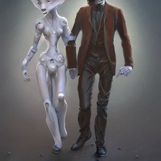 Image similar to victorian robotic couple, walking a human on a lead, beauty portrait, smooth, sharp focus, award - winning, masterpiece, in the style of of beth cavener, jin kagetsu, james jean and wlop, face symmetry, masterpiece, award winning, sharp focus, intricate concept art, ambient lighting, artstation