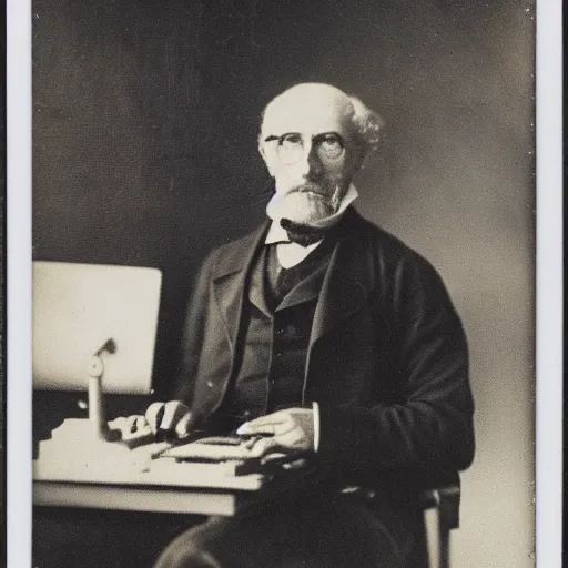 Image similar to old polaroid depicting a scientist from the 1 9 th century holding a modern day laptop