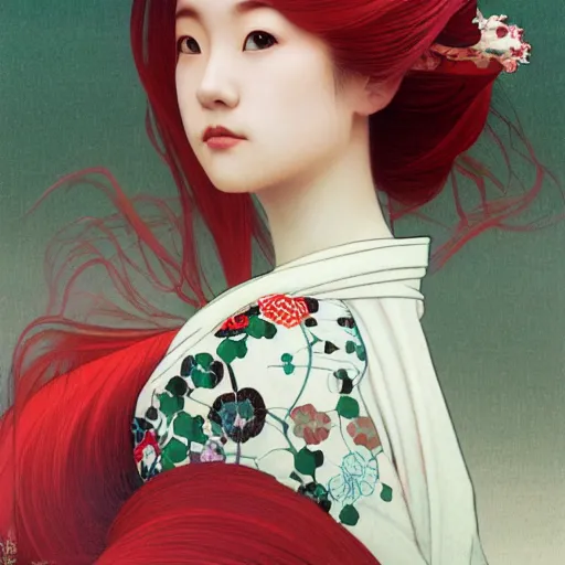 Prompt: side portrait of a young japanese woman wearing a kimono, long hair, headshot, hyper realistic, pale skin, bright red hair, 4k, rule of thirds, extreme detail, detailed drawing, trending artstation, hd, fantasy, D&D, realistic lighting, by Alphonse Mucha, Greg Rutkowski, sharp focus, backlit, elegant