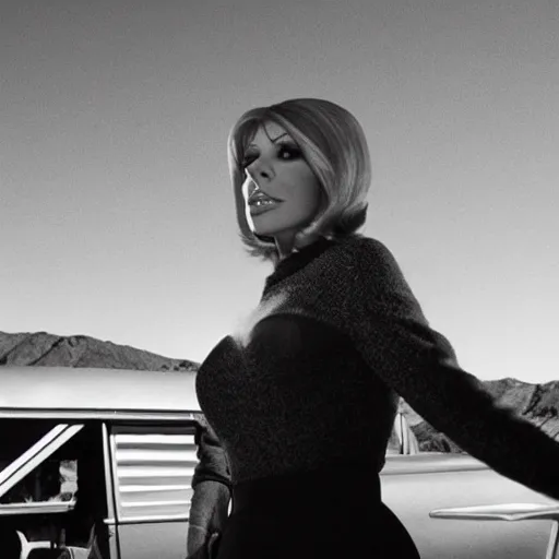 Prompt: Nancy sinatra photoshoot, backround: breaking bad rv, highly detailed