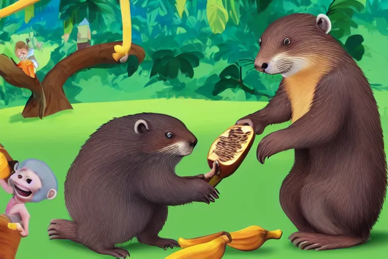 Image similar to a beaver stealing bananas from an orphanage, 4 k, extremely detailed, high quality, award - winning,