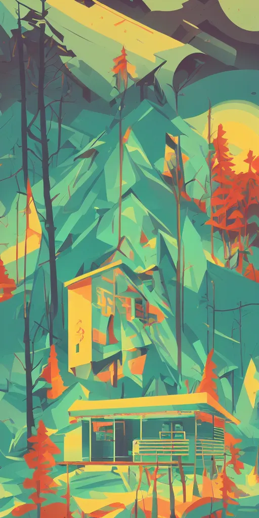 Prompt: cursed multicolored single cabin surrounded by woods, tom whalen, james gilleard, liam brazier, tristan eaton