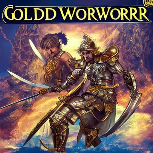 Image similar to video game box art of a game called golden sword, highly detailed cover art.