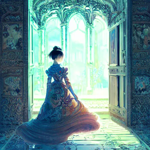 Prompt: beautiful young girl in intricate clothing by ross tran, walking in a castle painted by sana takeda, reflections, very high intricate details, painting, digital anime art, medium shot, mid - shot, composition by ilya kuvshinov, lighting by greg rutkowski