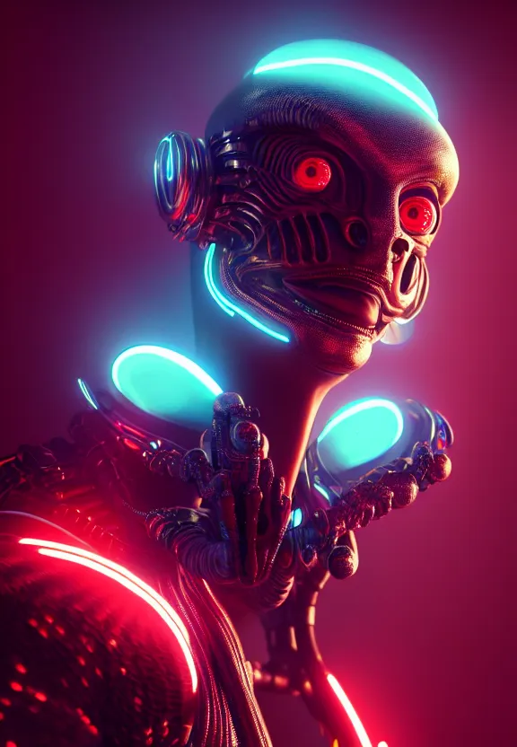 Image similar to ultra realist intricate detailed painting of a single attractive alien male, neon scales and cyborg tech, hyperrealistic, soft lighting, octane render