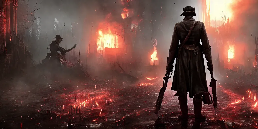 Prompt: mix between battlefield 1 and bloodborne, terrifying, brightly colored, dark